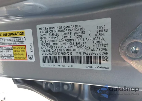 2023 Honda Civic Sport из США, поврежденный, VIN 2HGFE2F57PH507253